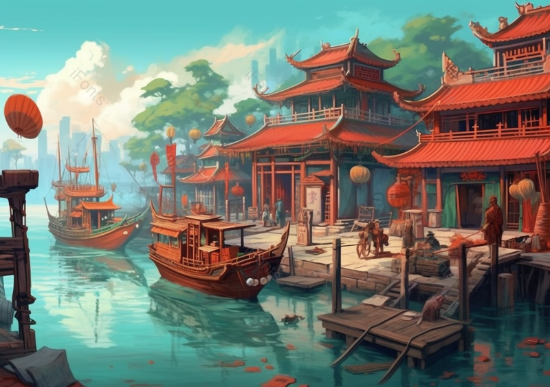河畔国潮中国风古典古建筑国潮节日背景红色插画,插画/手绘图,插画/手绘图库,插画/手绘图下载,插画/手绘